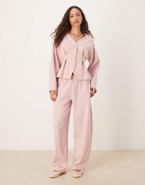 ASOS DESIGN interlock barrel leg trackies with seam detail in pink - view 1
