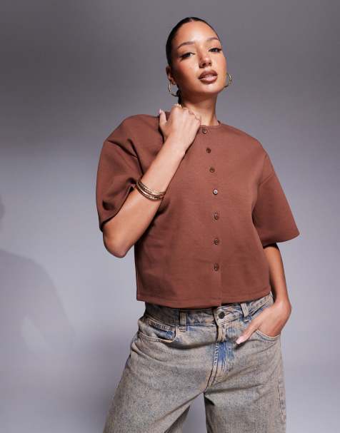 ASOS DESIGN interlock boxy shirt with button through detail in brown - view 1