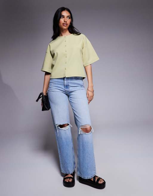 ASOS DESIGN interlock boxy shirt with button up detail in sage