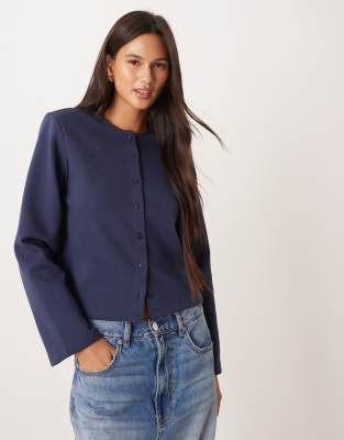 Asos Design Interlock Button Up Boxy Top With Shoulder Pads In Blue