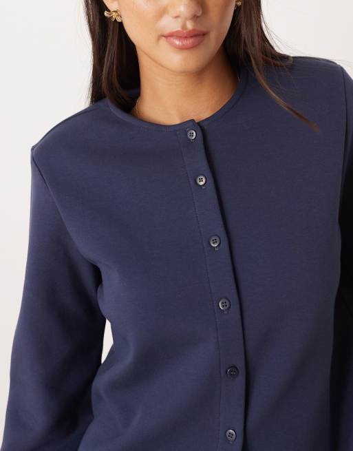 ASOS DESIGN interlock button up boxy top with shoulder pads in navy, 2 of 4
