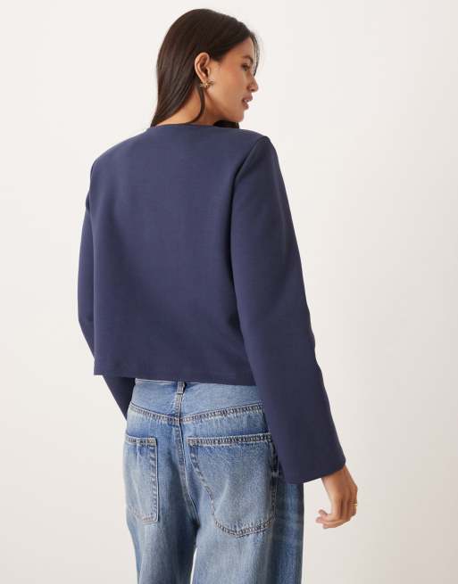 ASOS DESIGN interlock button up boxy top with shoulder pads in navy, 4 of 4