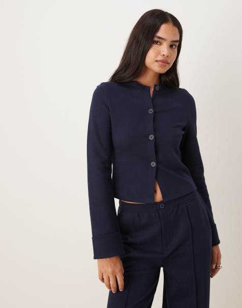 ASOS DESIGN interlock cardigan with turnback sleeve detail in navy - view 1