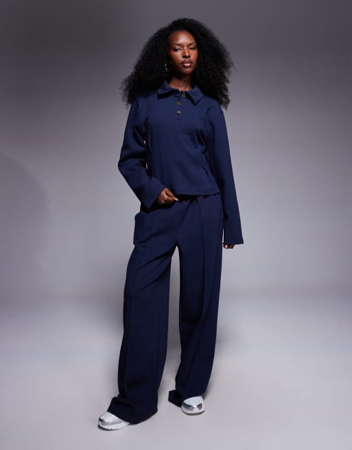 ASOS DESIGN interlock cinch waist long sleeve top in navy (part of a set), 4 of 4