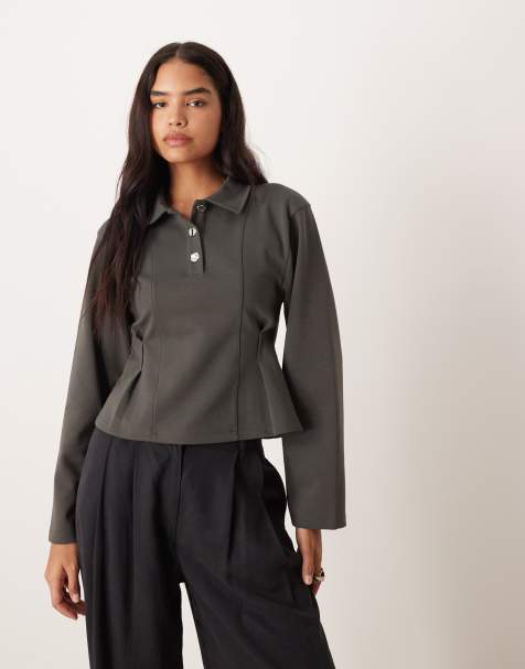 ASOS DESIGN interlock cinched waist long sleeve top in raven - view 1