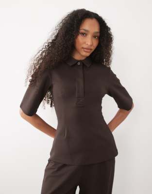 Asos Design Interlock Cinched Waist Peplum Hem Shirt In Brown