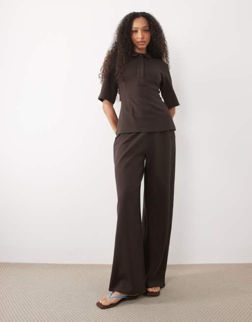ASOS DESIGN interlock cinched waist peplum hem shirt in chocolate (part of a set), 2 of 4