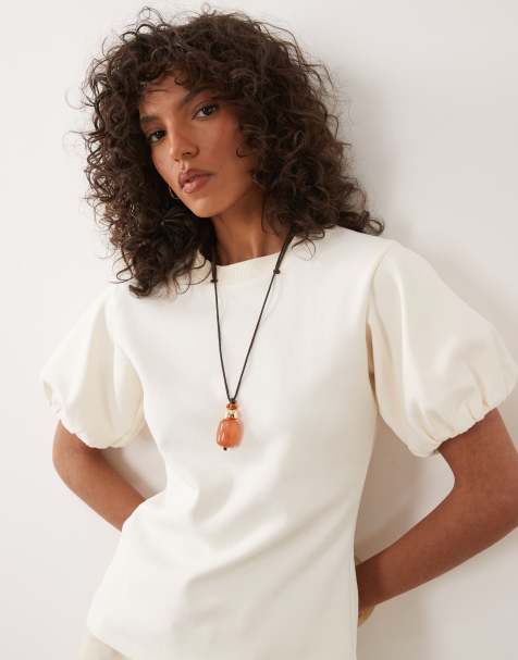 ASOS DESIGN interlock cinched waist puff sleeve top in cream - view 1