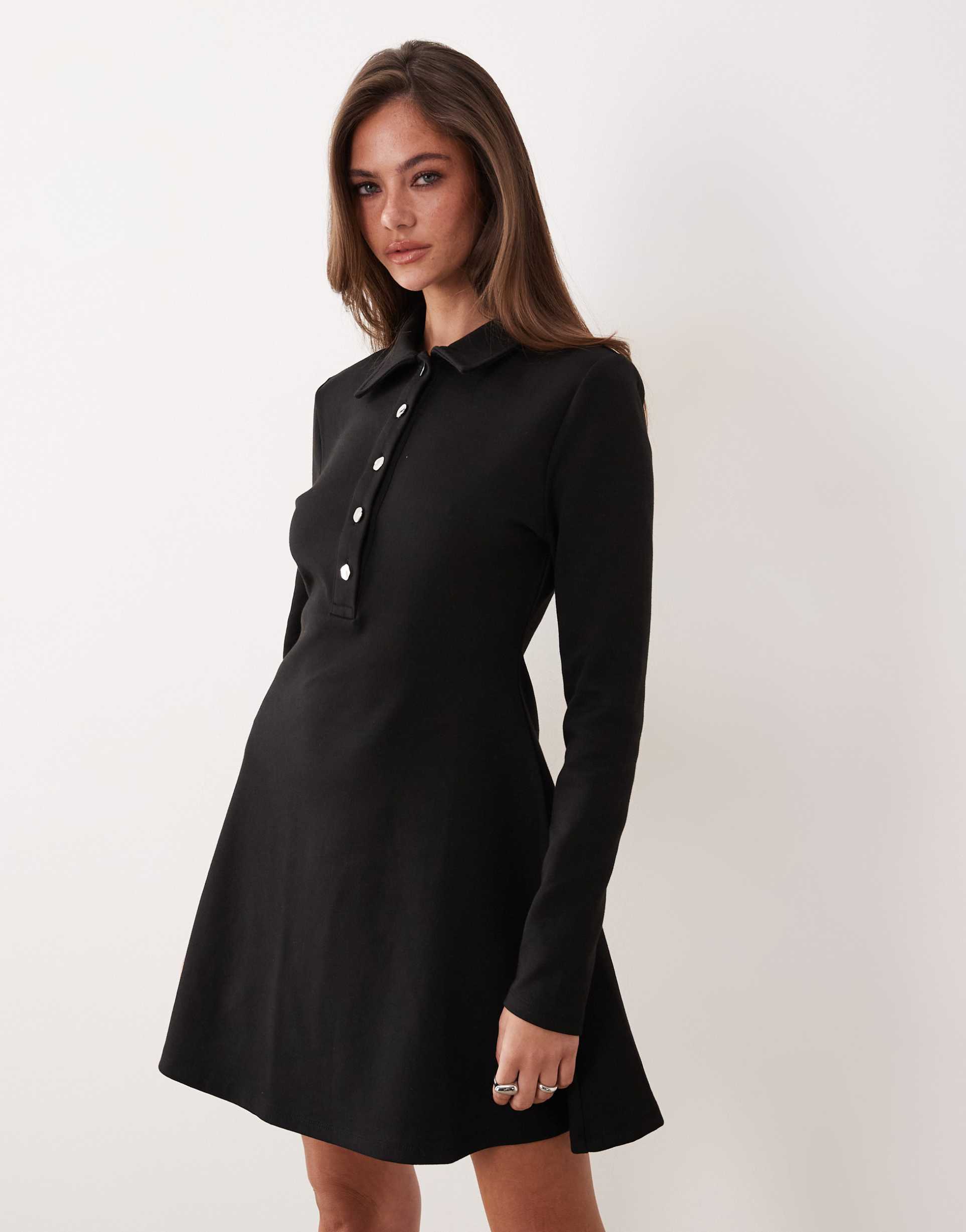 asos design interlock collared button front a-line mini dress in black
