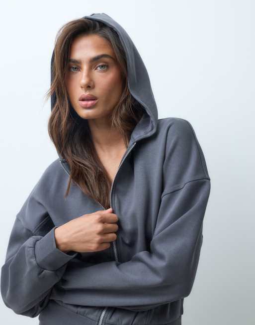 ASOS DESIGN interlock cropped hoodie in charcoal gray , 4 of 5