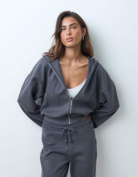 ASOS DESIGN interlock cropped hoodie in charcoal grey - view 1
