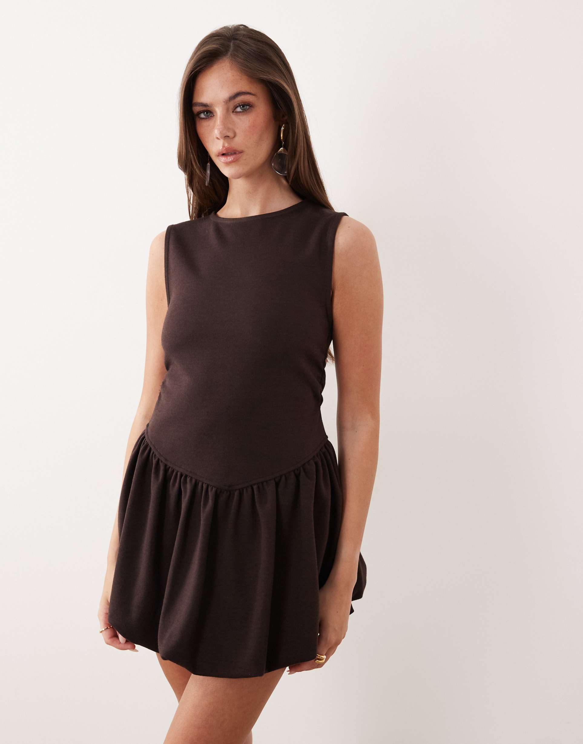 asos design interlock dropped waist bubble hem mini dress in chocolate