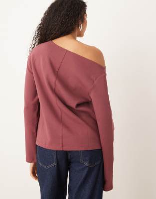 Asos Design Interlock Front Seam Off The Shoulder Long Sleeve T-shirt In Burgundy