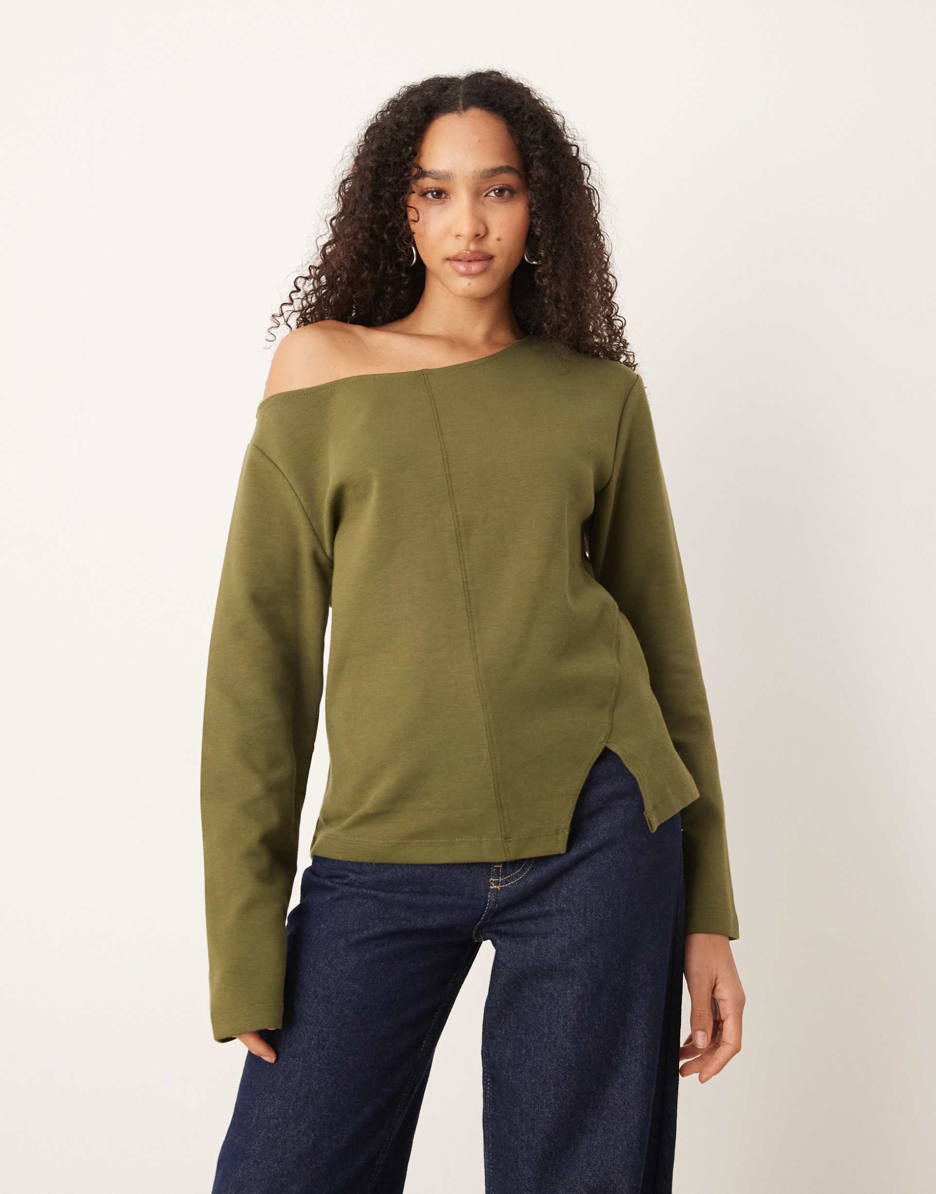 asos design interlock front seam off the shoulder long sleeve t-shirt in khaki green