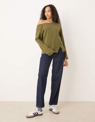 Asos Design Interlock Front Seam Off The Shoulder Long Sleeve T-shirt In Green