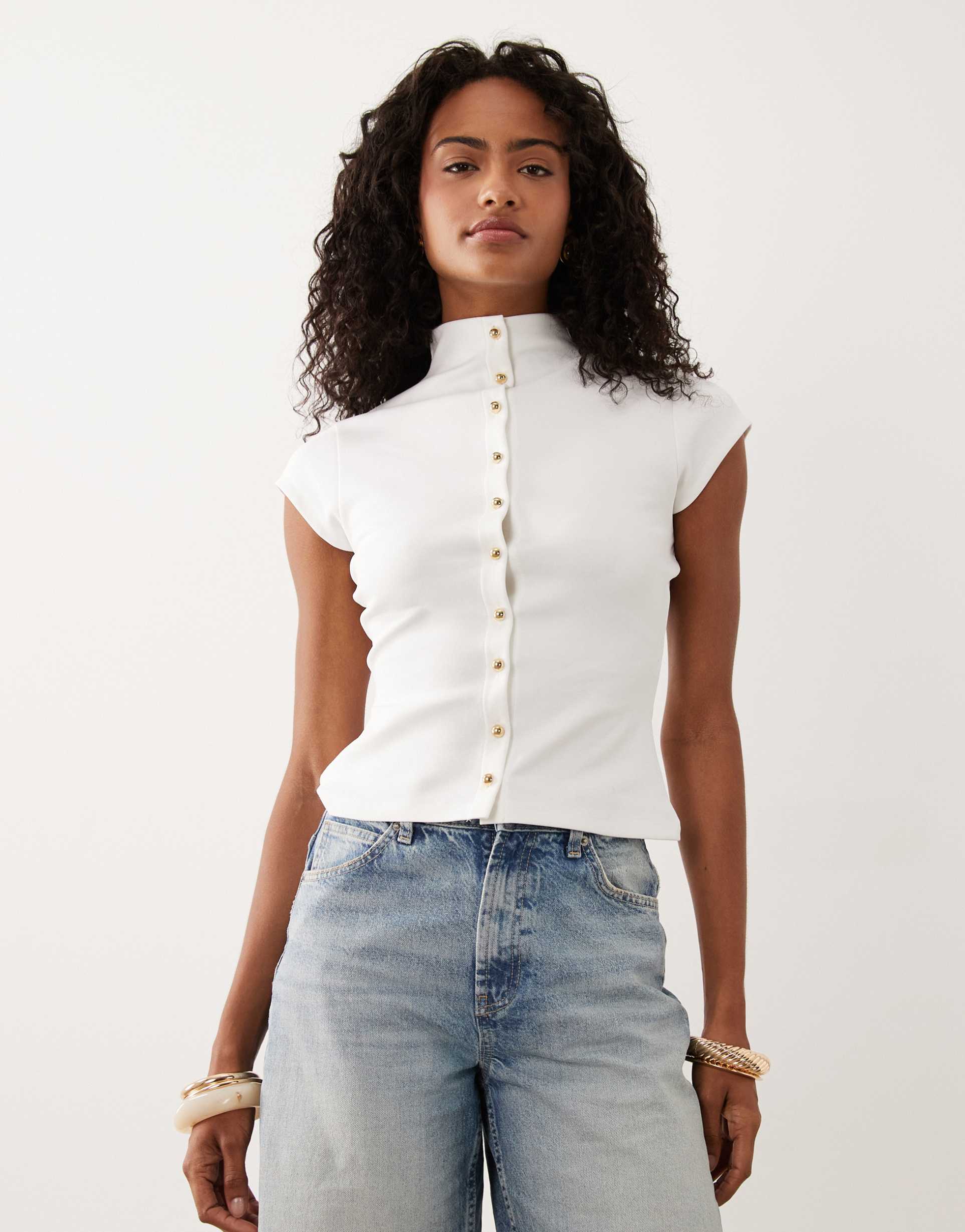 asos design interlock funnel button front top in cream