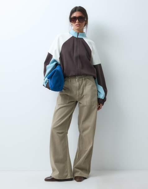 ASOS DESIGN interlock funnel neck zip through jacket with contrast panels in chocolate and light blue (part of a set) - view 1