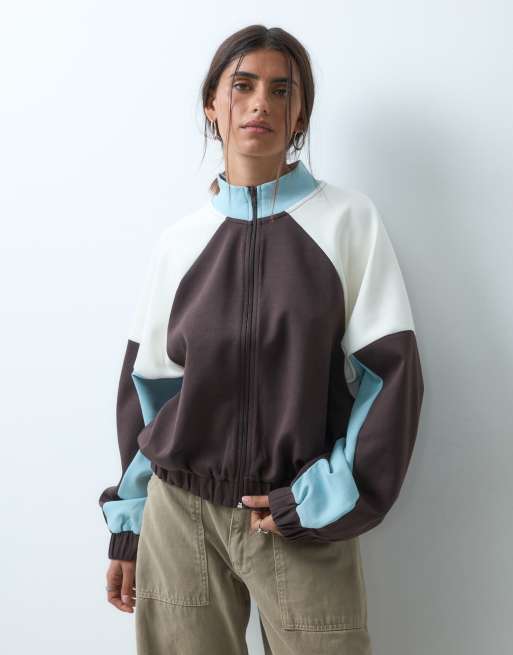 ASOS DESIGN interlock funnel neck zip through jacket with contrast panels in chocolate and light blue (part of a set), 2 of 4
