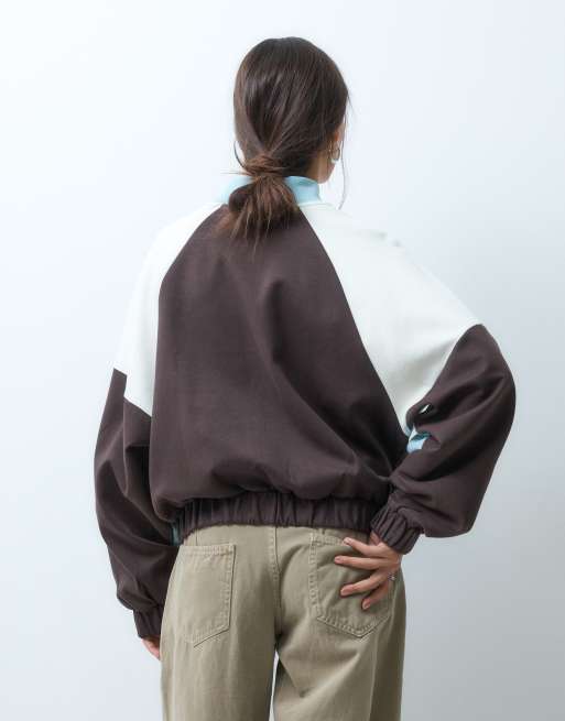 ASOS DESIGN interlock funnel neck zip through jacket with contrast panels in chocolate and light blue (part of a set), 3 of 4