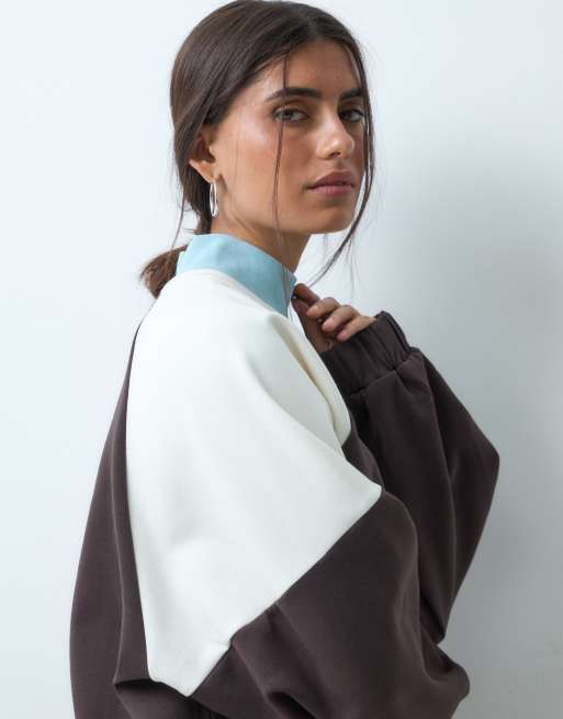 ASOS DESIGN interlock funnel neck zip through jacket with contrast panels in chocolate and light blue (part of a set), 4 of 4