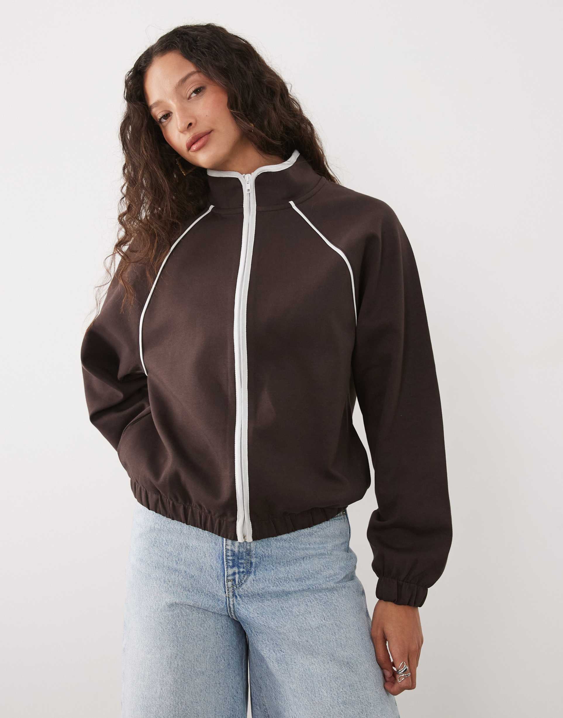 asos design interlock funnel neck zip up jacket with contrast piping in chocolate