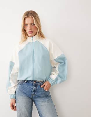 ASOS DESIGN interlock funnel neck zip up jacket with contrast piping in light bl