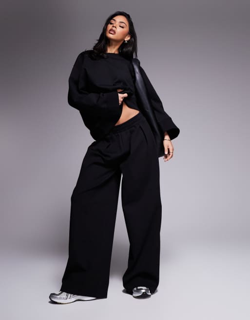 ASOS DESIGN - Interlock geweven broek met superwijde pijpen in zwart, deel van co-ord set