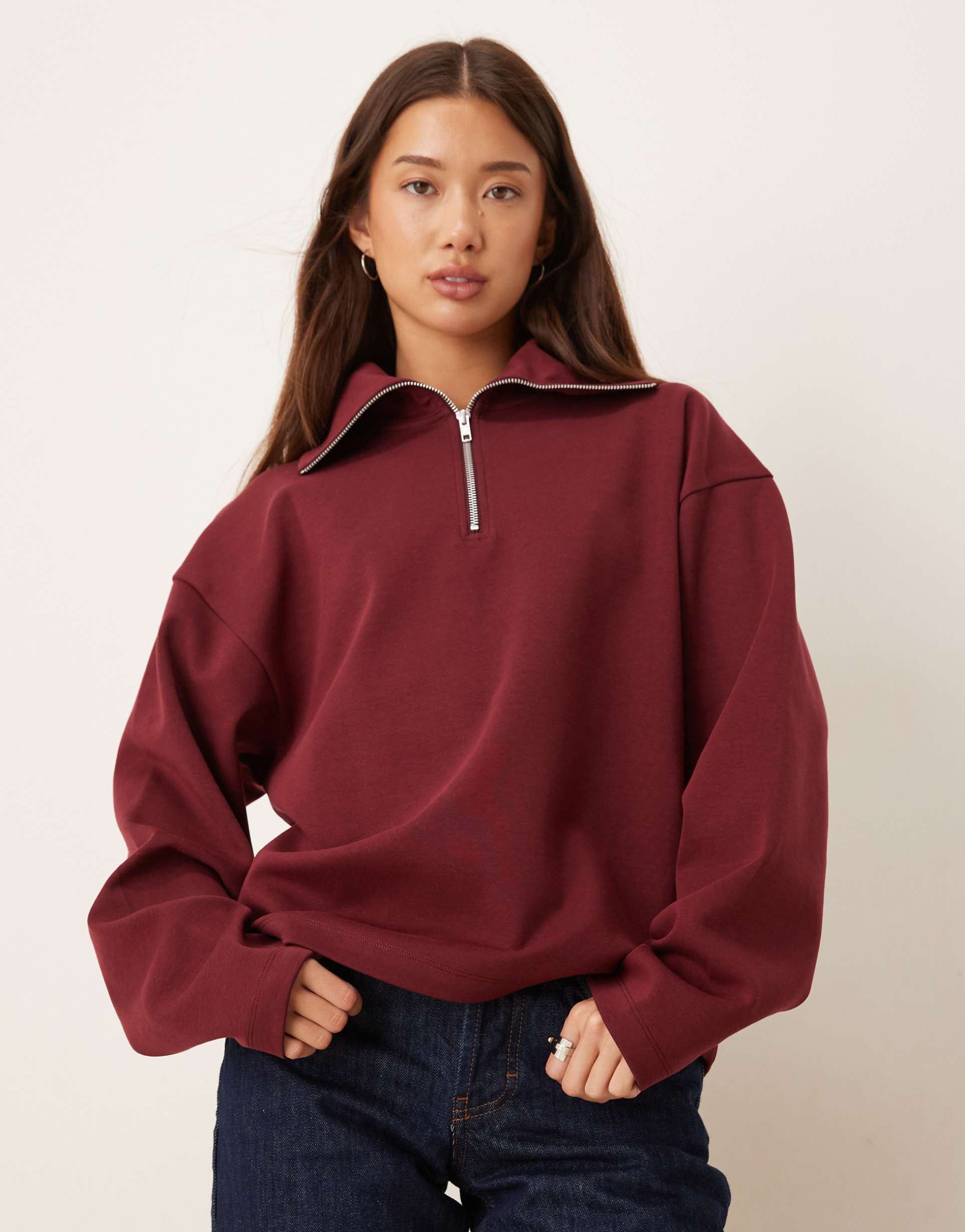 asos design interlock half zip sweatshirt in burgundy