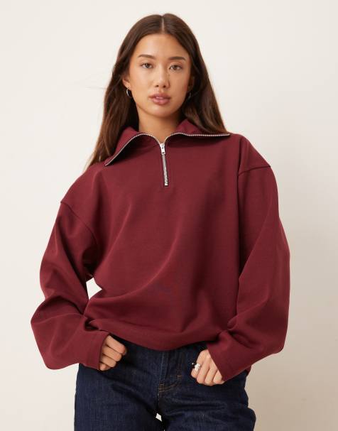 ASOS DESIGN interlock half zip sweatshirt in burgundy