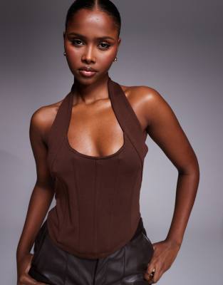 Asos Design Interlock Halter Neck Top With Boning In Brown