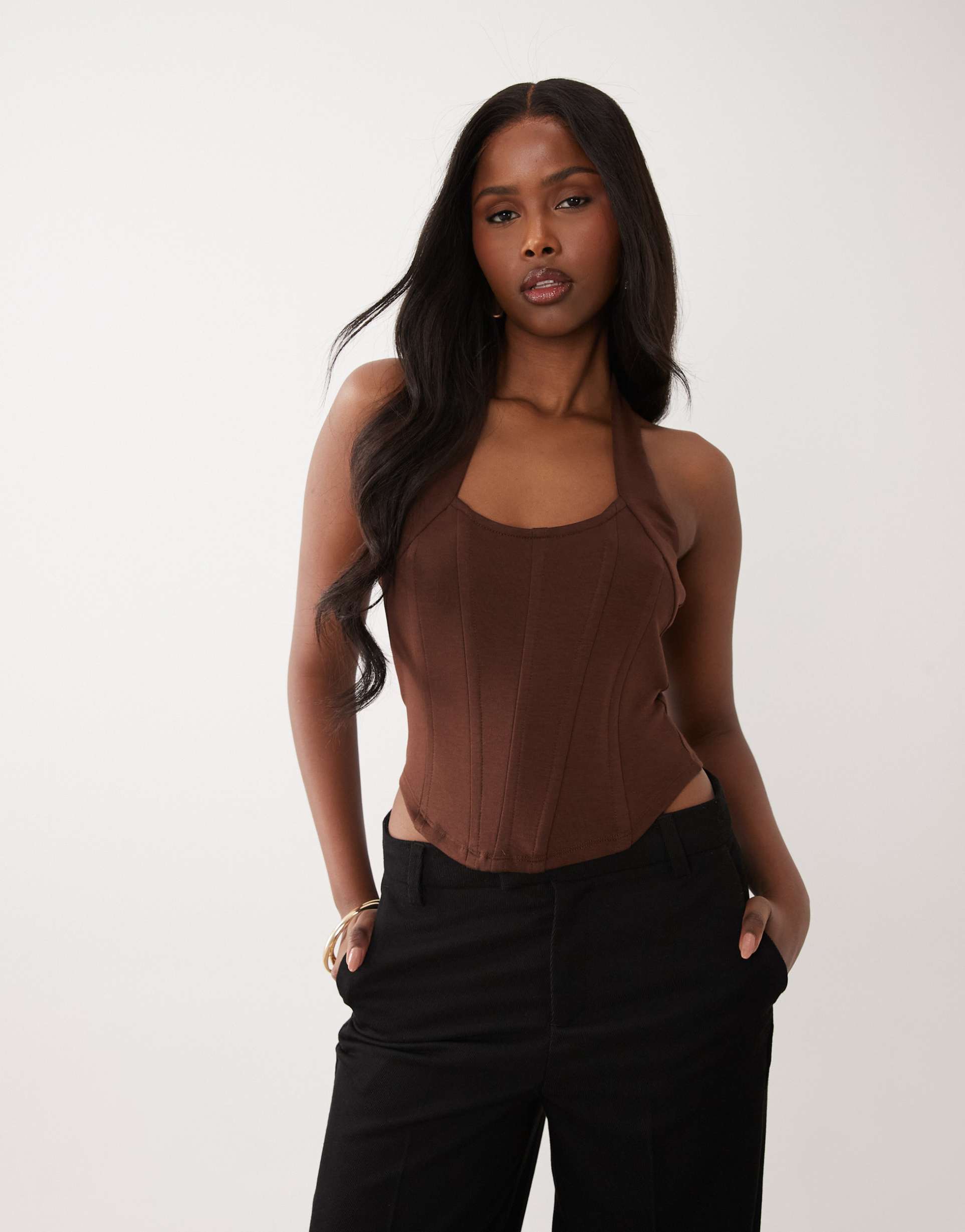 asos design interlock halter neck top with boning in brown