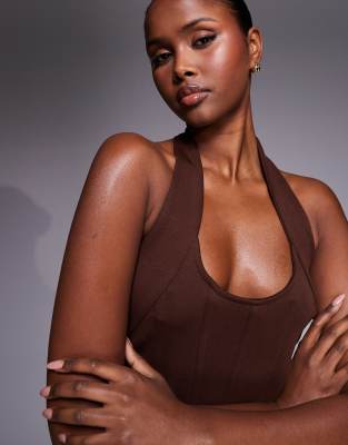 Asos Design Interlock Halter Neck Top With Boning In Brown