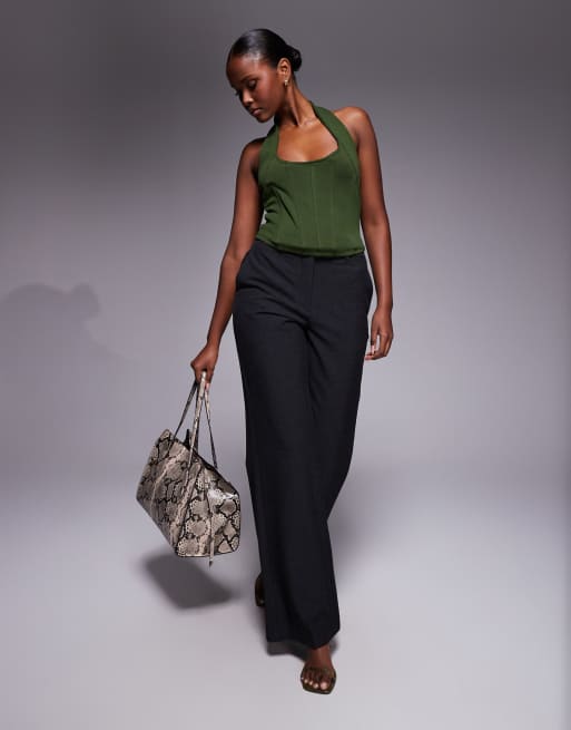 ASOS DESIGN interlock halter neck top with boning in green, 2 of 4
