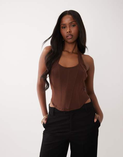 ASOS DESIGN interlock halterneck corset top with boning in brown - view 1