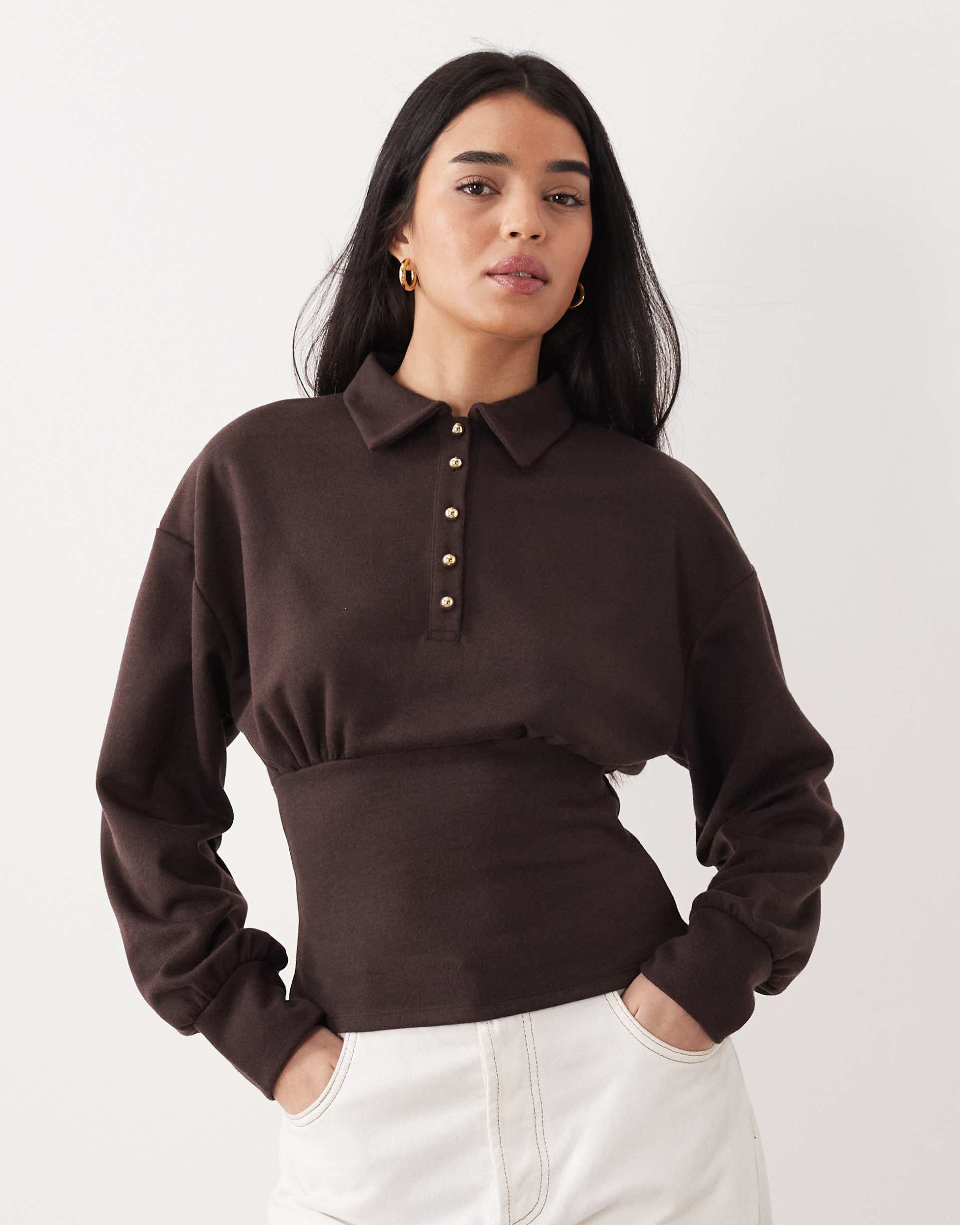 asos design interlock long sleeve cinched waist button front top in chocolate