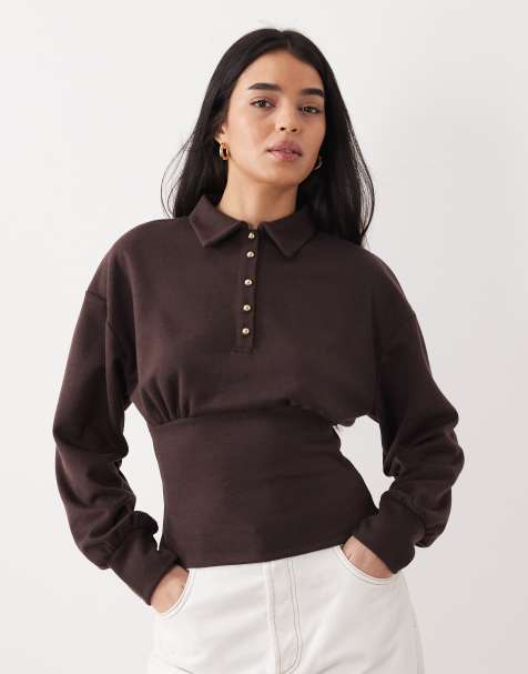 ASOS DESIGN interlock long sleeve cinched waist button front top in chocolate