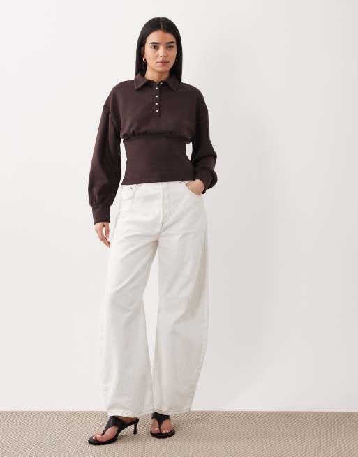 ASOS DESIGN interlock long sleeve cinched waist button front top in chocolate, 2 of 4