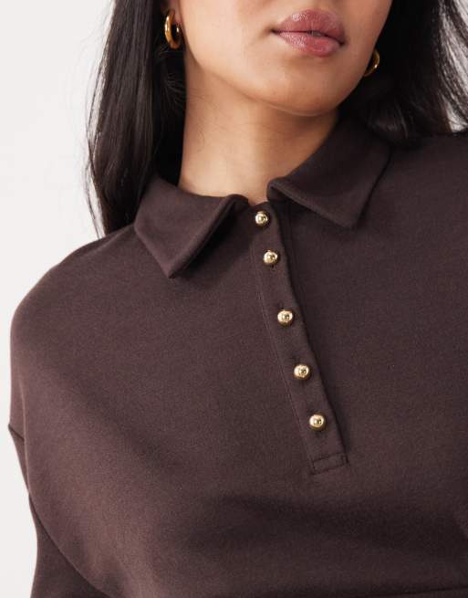 ASOS DESIGN interlock long sleeve cinched waist button front top in chocolate, 3 of 4