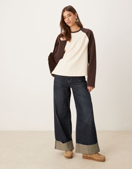 ASOS DESIGN interlock long sleeve contrast T-shirt in burgundy