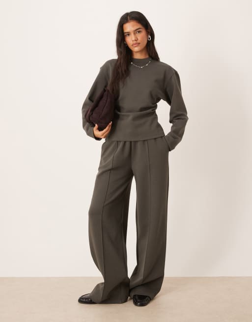 ASOS DESIGN interlock long sleeve corset waist tee in charcoal - part of a set