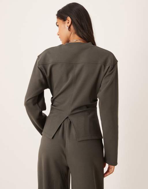 ASOS DESIGN interlock long sleeve corset waist tee in charcoal - part of a set