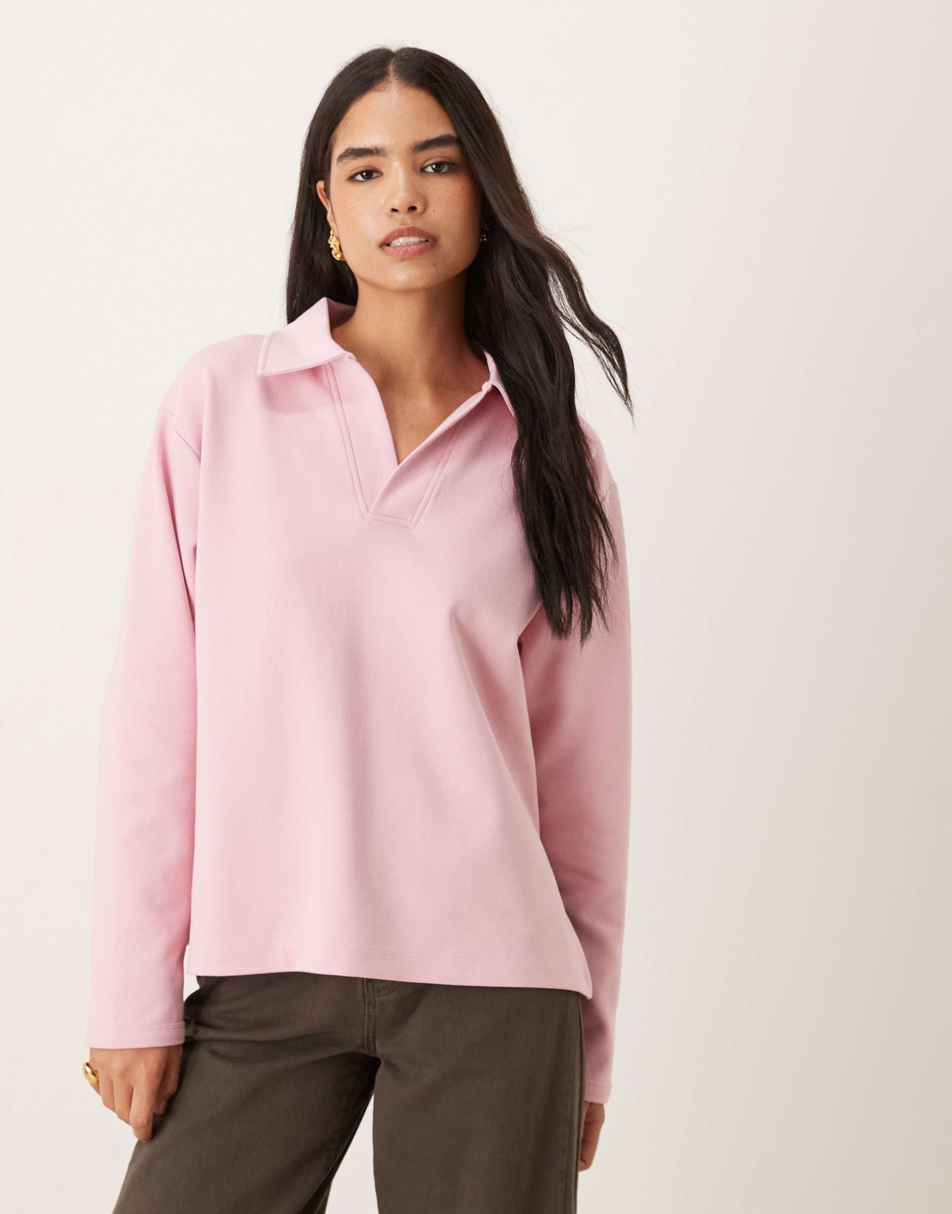 asos design interlock long sleeve rugby top in mauve