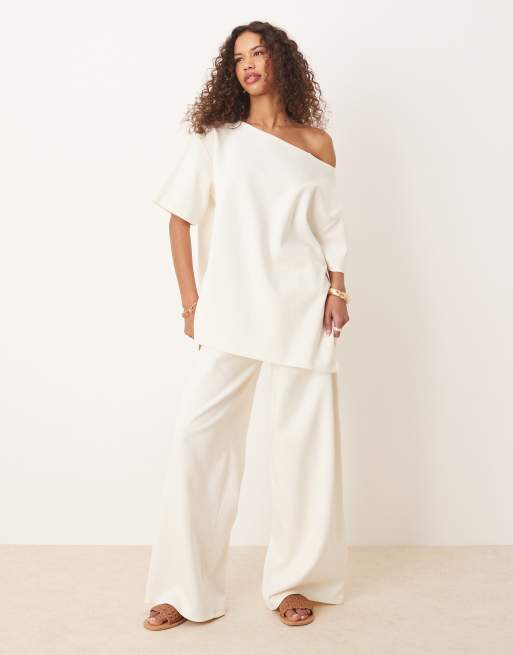 ASOS DESIGN interlock off shoulder sweat in coconut milk (part of a set)