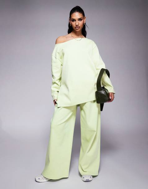 ASOS DESIGN interlock off shoulder sweatshirt in pastel green - part of a set - view 1