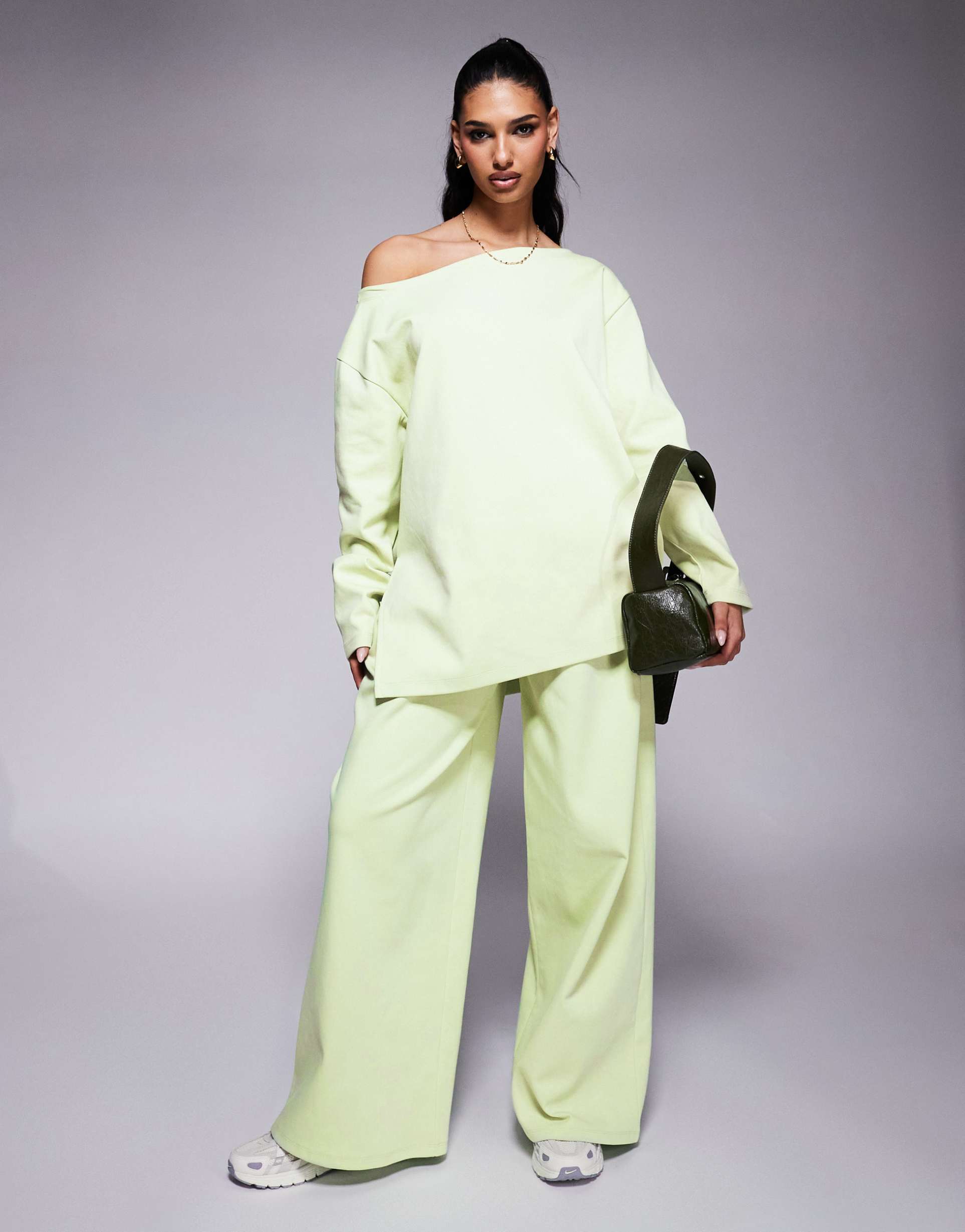 asos design interlock off shoulder sweatshirt in pastel green - part of a set