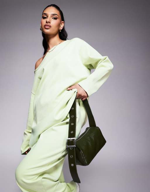 ASOS DESIGN interlock off shoulder sweatshirt in pastel green - part of a set