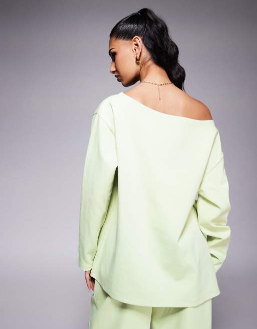ASOS DESIGN interlock off shoulder sweatshirt in pastel green - part of a set