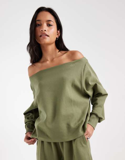 ASOS DESIGN interlock off shoulder top in khaki - view 1
