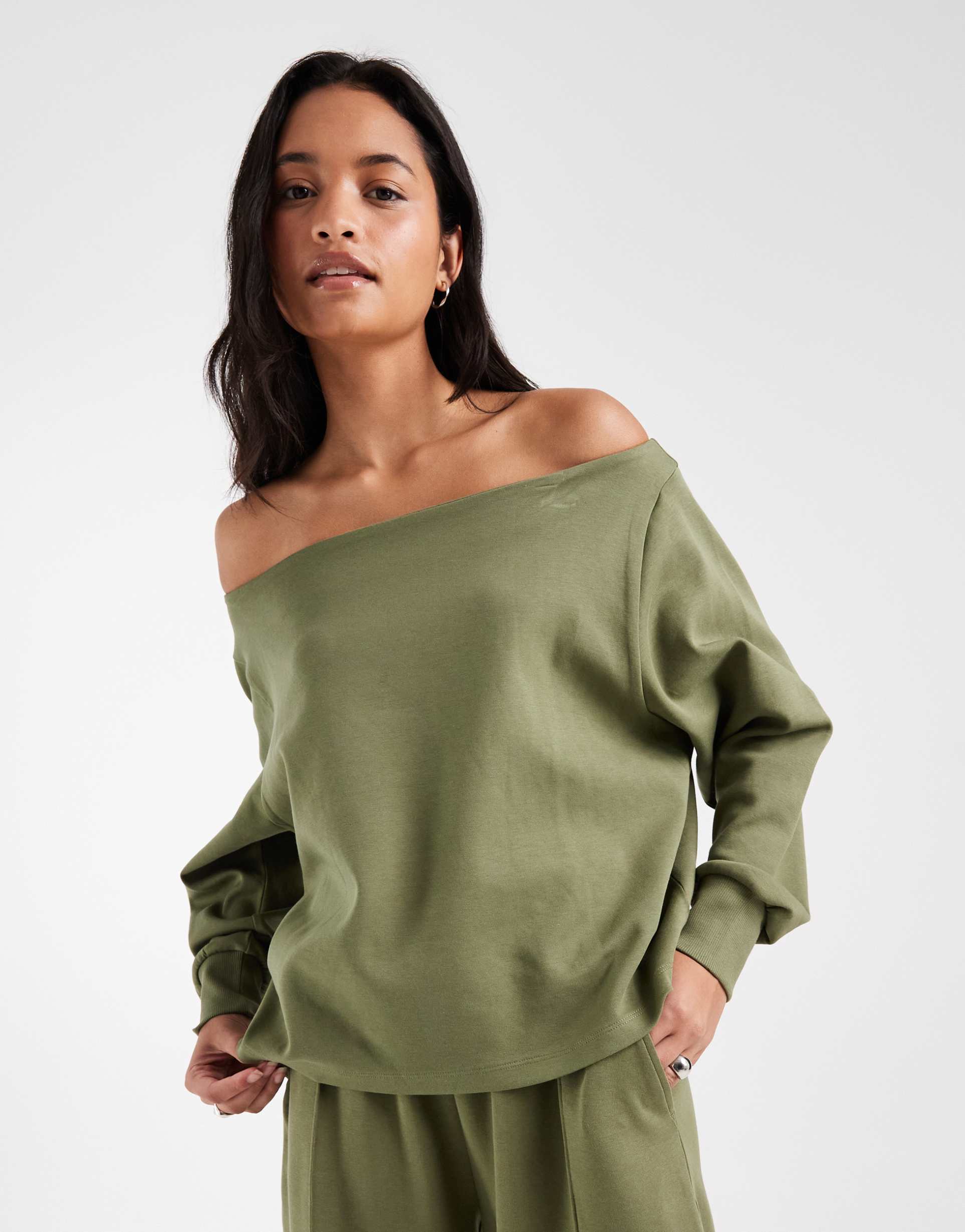 ASOS DESIGN interlock off shoulder top in khaki