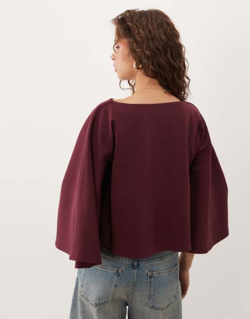 ASOS DESIGN interlock oversized cape style top in burgundy, 4 of 4
